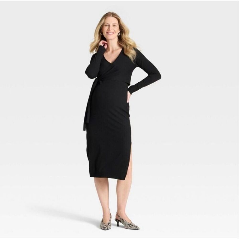 🌸 Isabel Maternity Black Sweater Wrap Dress Size Small New